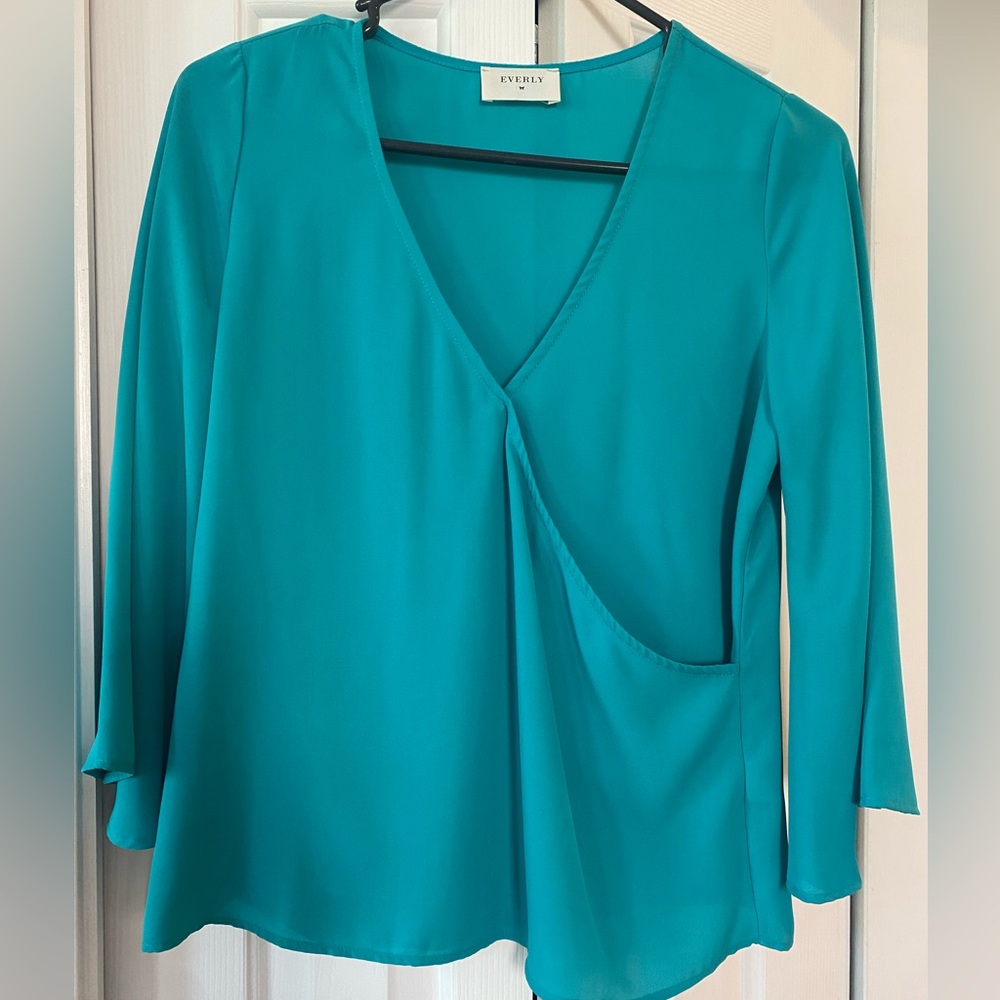 Everly Teal Draped V-Neck Blouse